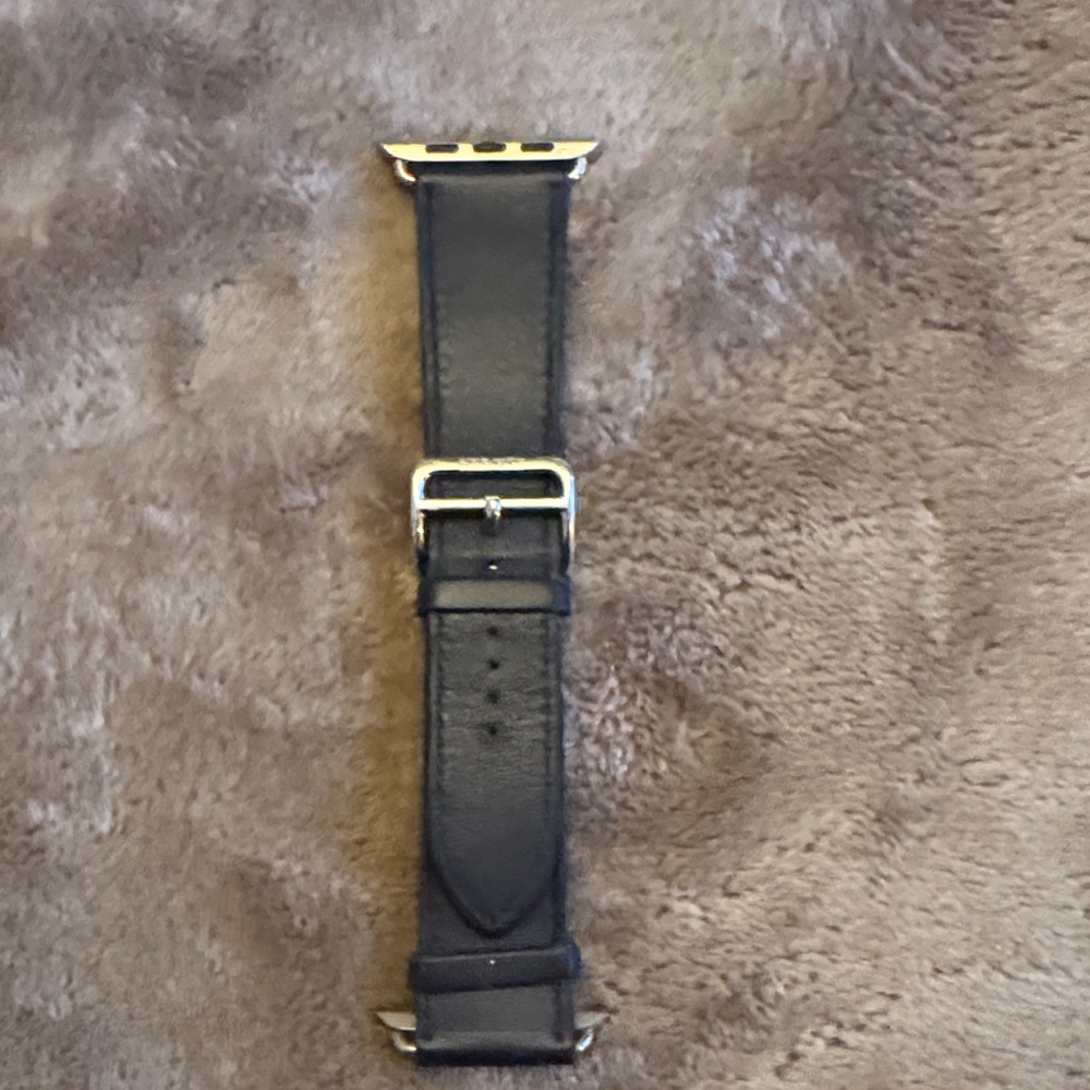 Hermes Black Leather Watch Strap with Silver Accents